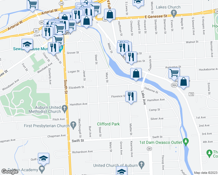 map of restaurants, bars, coffee shops, grocery stores, and more near 54 Elizabeth Street in Auburn