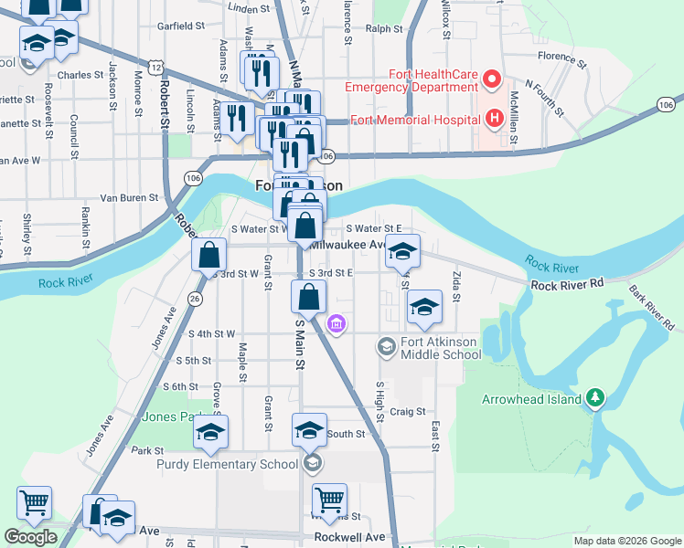 map of restaurants, bars, coffee shops, grocery stores, and more near 308 Foster Street in Fort Atkinson
