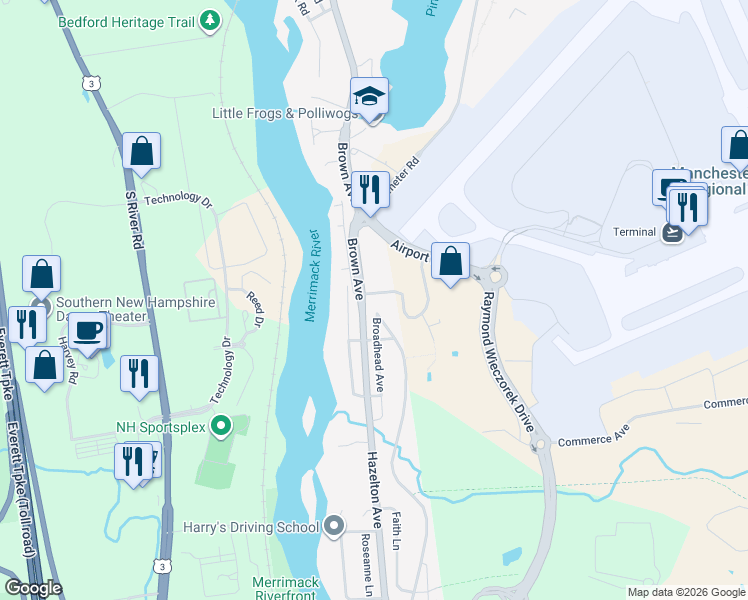 map of restaurants, bars, coffee shops, grocery stores, and more near 3020 Brown Avenue in Manchester