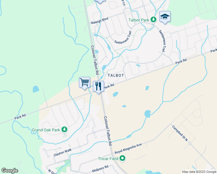 map of restaurants, bars, coffee shops, grocery stores, and more near 6821 Pack Road in London