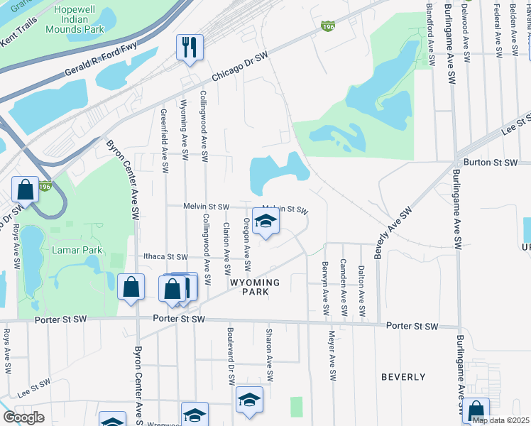 map of restaurants, bars, coffee shops, grocery stores, and more near 2052 Melvin Street Southwest in Wyoming