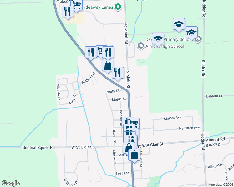 map of restaurants, bars, coffee shops, grocery stores, and more near 220 Maple Street in Almont