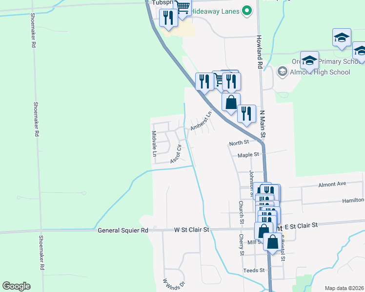 map of restaurants, bars, coffee shops, grocery stores, and more near 783 Ascot Circle in Almont