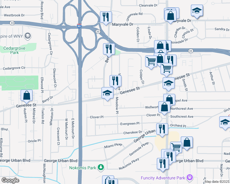 map of restaurants, bars, coffee shops, grocery stores, and more near 3328 Genesee Street in Cheektowaga