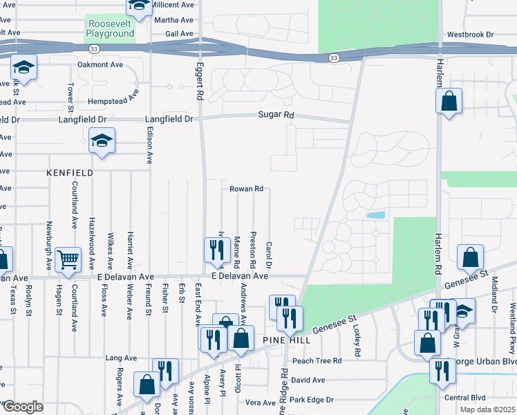 map of restaurants, bars, coffee shops, grocery stores, and more near 86 Carol Drive in Buffalo