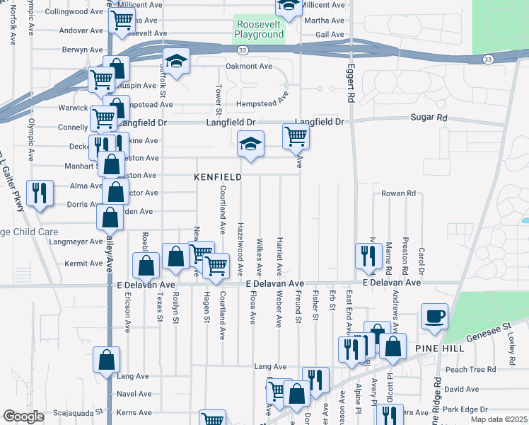 map of restaurants, bars, coffee shops, grocery stores, and more near 99 Wilkes Avenue in Buffalo