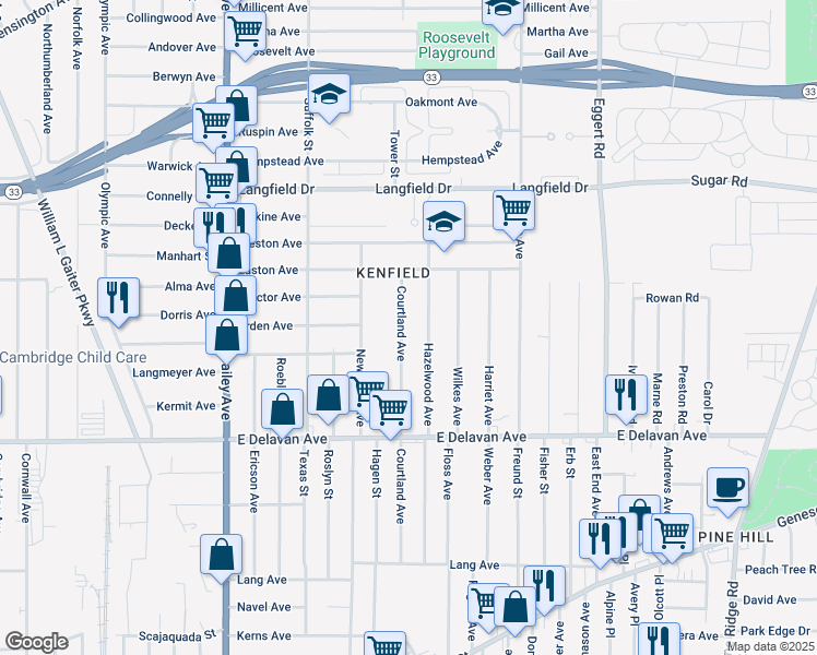 map of restaurants, bars, coffee shops, grocery stores, and more near 198 Courtland Avenue in Buffalo