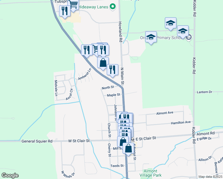 map of restaurants, bars, coffee shops, grocery stores, and more near 220 Maple Street in Almont