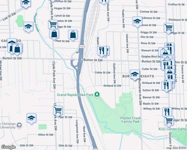 map of restaurants, bars, coffee shops, grocery stores, and more near 2129 Saint Charles Avenue Southwest in Grand Rapids
