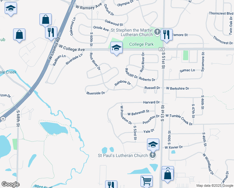 map of restaurants, bars, coffee shops, grocery stores, and more near 5677 Root River Drive in Greendale