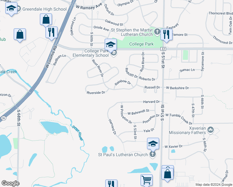 map of restaurants, bars, coffee shops, grocery stores, and more near 5677 Root River Drive in Greendale