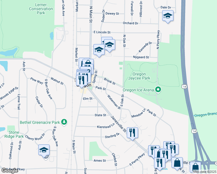 map of restaurants, bars, coffee shops, grocery stores, and more near 269 Park Street in Oregon