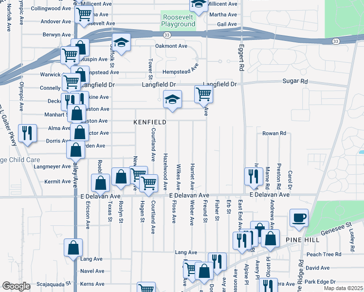 map of restaurants, bars, coffee shops, grocery stores, and more near 113 Wilkes Avenue in Buffalo