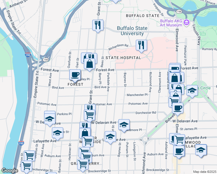 map of restaurants, bars, coffee shops, grocery stores, and more near Bird Avenue & Parkdale Avenue in Buffalo