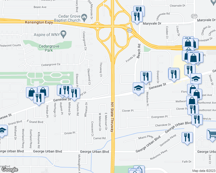 map of restaurants, bars, coffee shops, grocery stores, and more near 21 Floreis Court in Buffalo