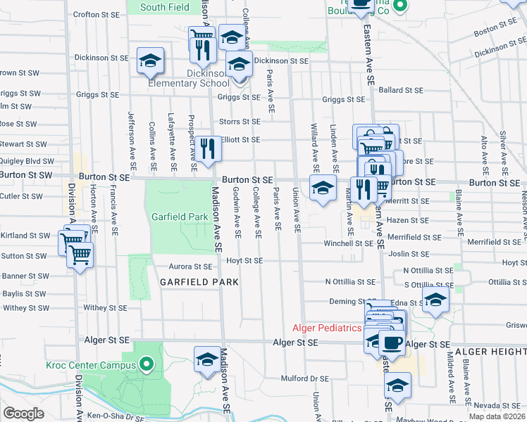 map of restaurants, bars, coffee shops, grocery stores, and more near 2065 Paris Avenue Southeast in Grand Rapids