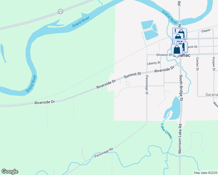 map of restaurants, bars, coffee shops, grocery stores, and more near 7551 Riverside Drive in Saranac