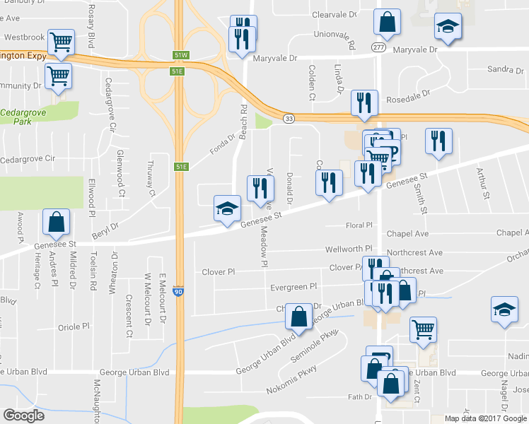 map of restaurants, bars, coffee shops, grocery stores, and more near 3352 Genesee Street in Buffalo