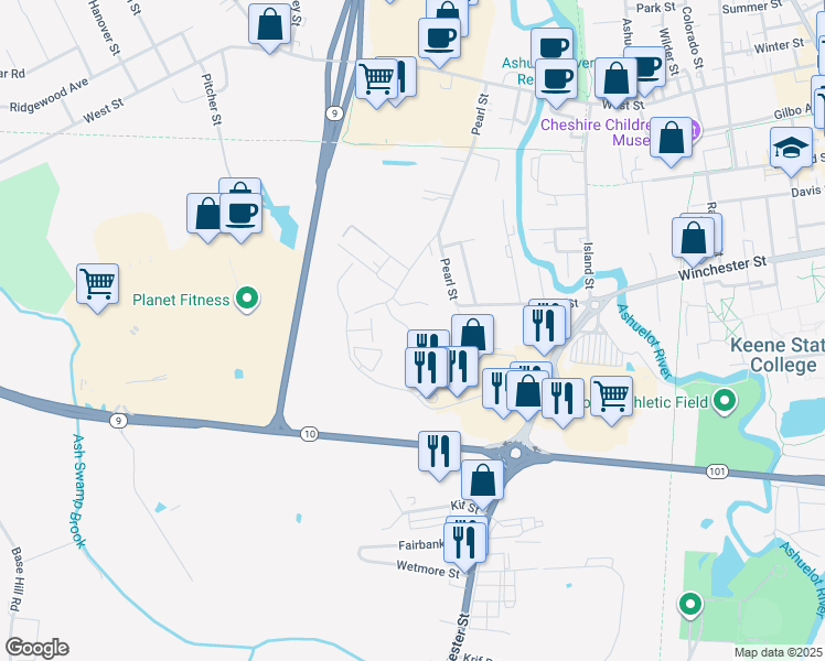 map of restaurants, bars, coffee shops, grocery stores, and more near 133 Key Road in Keene