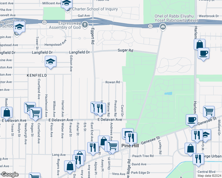 map of restaurants, bars, coffee shops, grocery stores, and more near 57 Marne Road in Cheektowaga