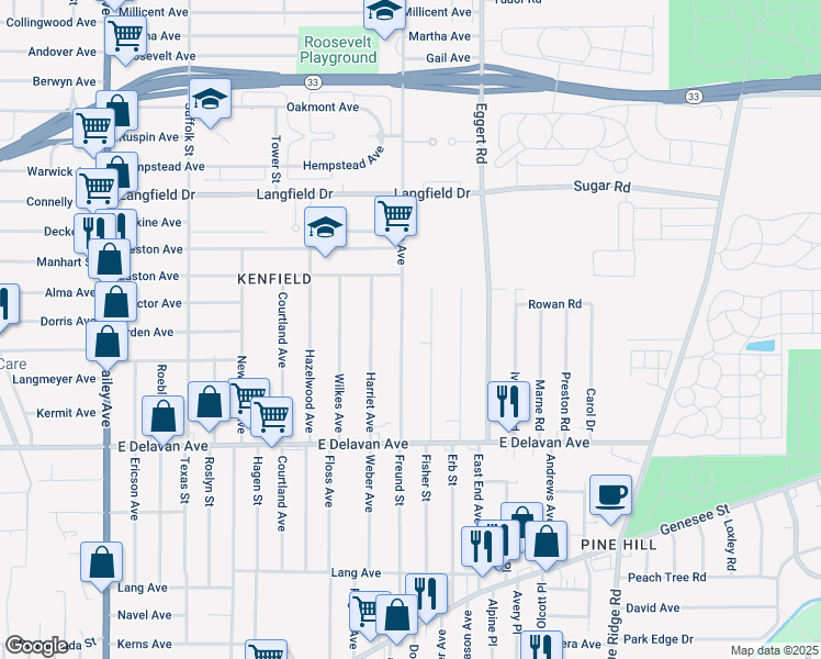 map of restaurants, bars, coffee shops, grocery stores, and more near 98 Edison Avenue in Buffalo