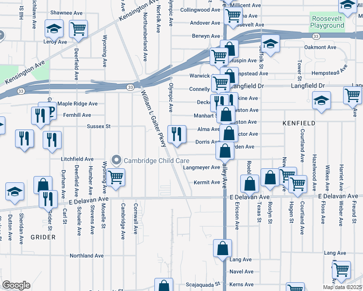 map of restaurants, bars, coffee shops, grocery stores, and more near 10 Schreck Avenue in Buffalo