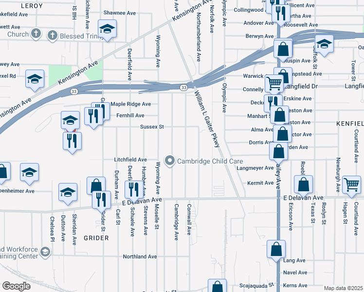 map of restaurants, bars, coffee shops, grocery stores, and more near 392 Cornwall Avenue in Buffalo