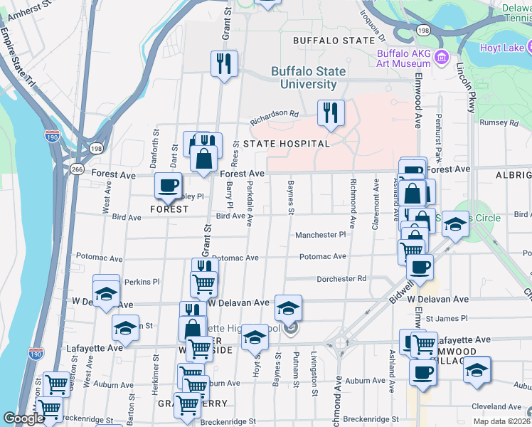map of restaurants, bars, coffee shops, grocery stores, and more near 360 Hoyt Street in Buffalo
