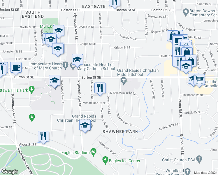 map of restaurants, bars, coffee shops, grocery stores, and more near 2061 Okemos Drive Southeast in Grand Rapids