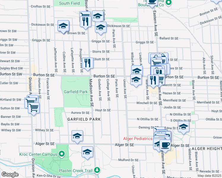 map of restaurants, bars, coffee shops, grocery stores, and more near 2065 Paris Avenue Southeast in Grand Rapids