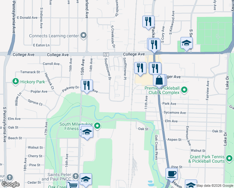 map of restaurants, bars, coffee shops, grocery stores, and more near 433 Southtowne Drive in South Milwaukee