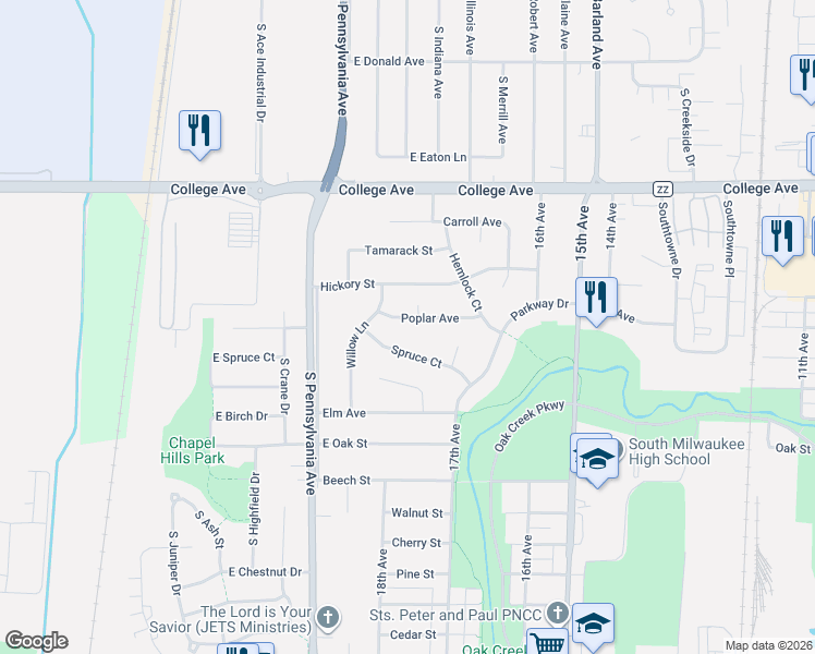 map of restaurants, bars, coffee shops, grocery stores, and more near 1784 Spruce Court in South Milwaukee