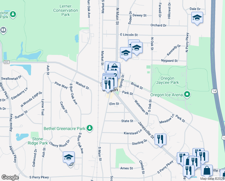 map of restaurants, bars, coffee shops, grocery stores, and more near 122 Janesville Street in Oregon