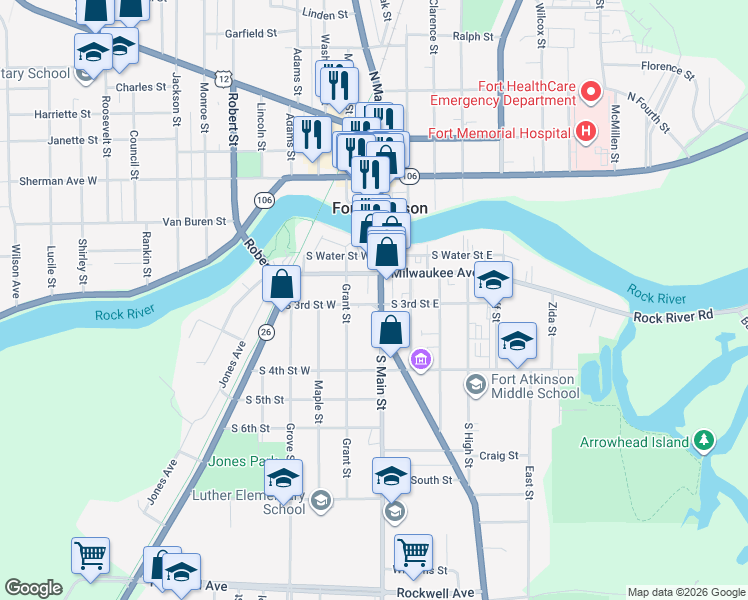 map of restaurants, bars, coffee shops, grocery stores, and more near 320 South Main Street in Fort Atkinson