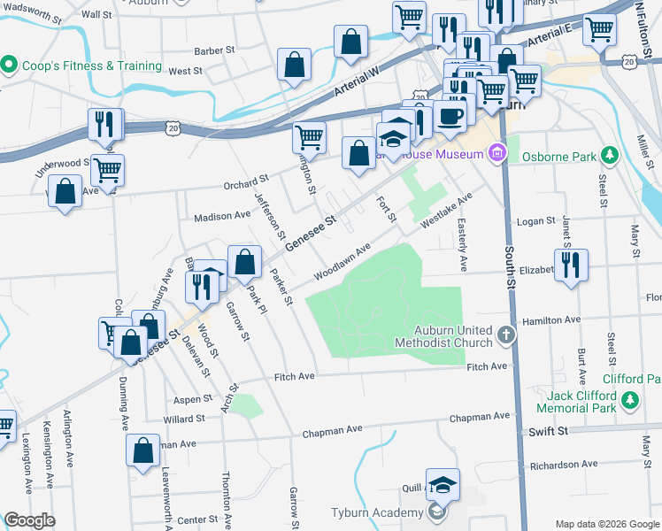 map of restaurants, bars, coffee shops, grocery stores, and more near 212 Woodlawn Avenue in Auburn