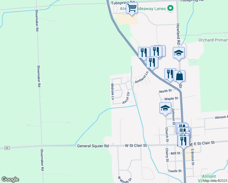 map of restaurants, bars, coffee shops, grocery stores, and more near 679 Midvale Lane in Almont