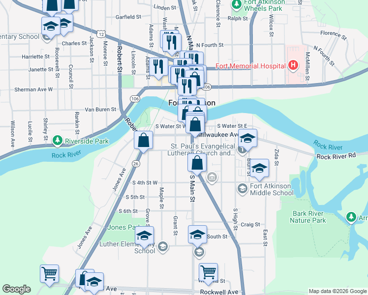 map of restaurants, bars, coffee shops, grocery stores, and more near 16 South 3rd Street West in Fort Atkinson
