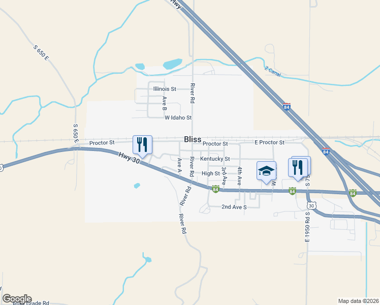 map of restaurants, bars, coffee shops, grocery stores, and more near 161 North 1st Avenue in Bliss