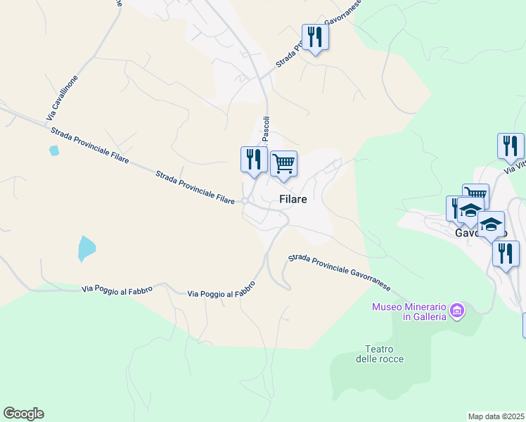map of restaurants, bars, coffee shops, grocery stores, and more near 36 Via G. Pascoli in Filare-boschetto-miniera