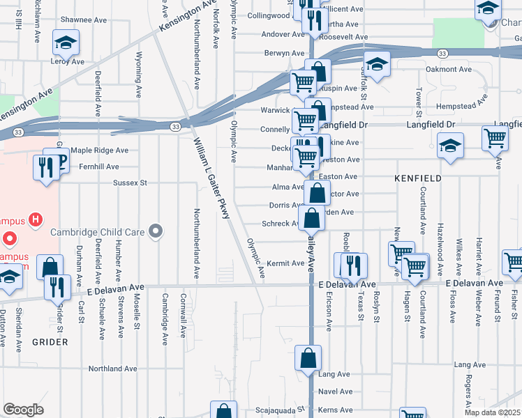 map of restaurants, bars, coffee shops, grocery stores, and more near 39 Dorris Avenue in Buffalo