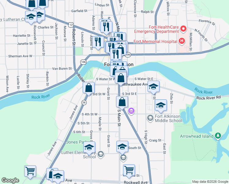 map of restaurants, bars, coffee shops, grocery stores, and more near 14 South 3rd Street West in Fort Atkinson