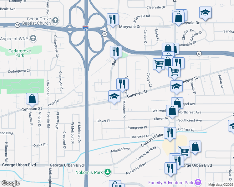 map of restaurants, bars, coffee shops, grocery stores, and more near 3328 Genesee Street in Cheektowaga