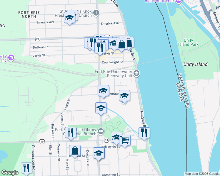 map of restaurants, bars, coffee shops, grocery stores, and more near in Fort Erie