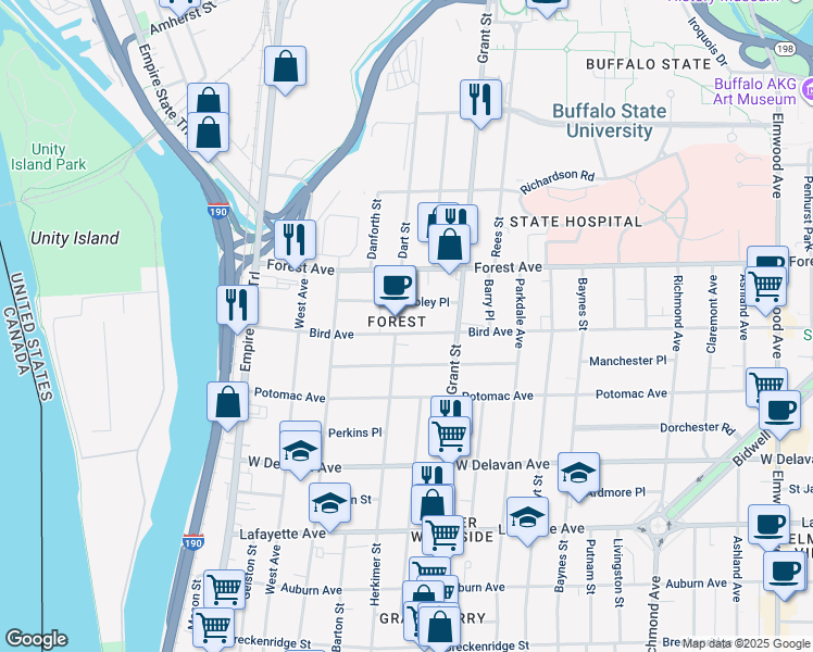 map of restaurants, bars, coffee shops, grocery stores, and more near 198 Bird Avenue in Buffalo