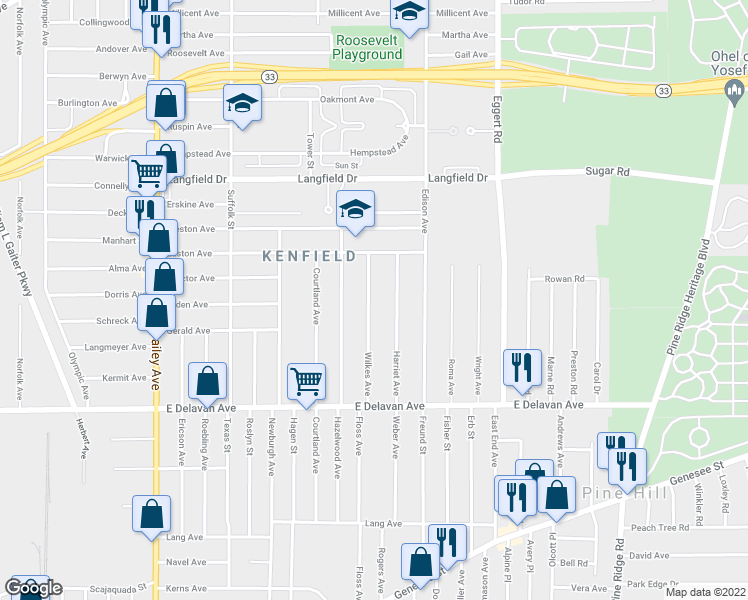 map of restaurants, bars, coffee shops, grocery stores, and more near 119 Wilkes Avenue in Buffalo