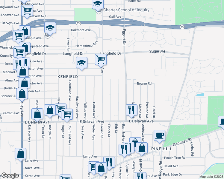 map of restaurants, bars, coffee shops, grocery stores, and more near 119 Roma Avenue in Buffalo