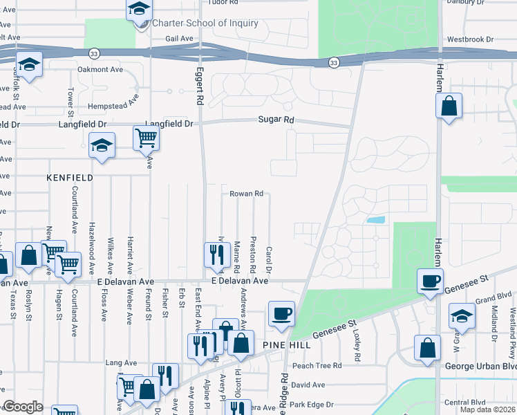 map of restaurants, bars, coffee shops, grocery stores, and more near 86 Carol Drive in Buffalo