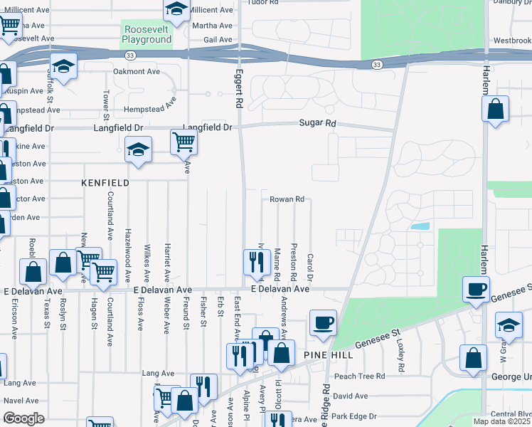 map of restaurants, bars, coffee shops, grocery stores, and more near 98 Ivanhoe Road in Buffalo
