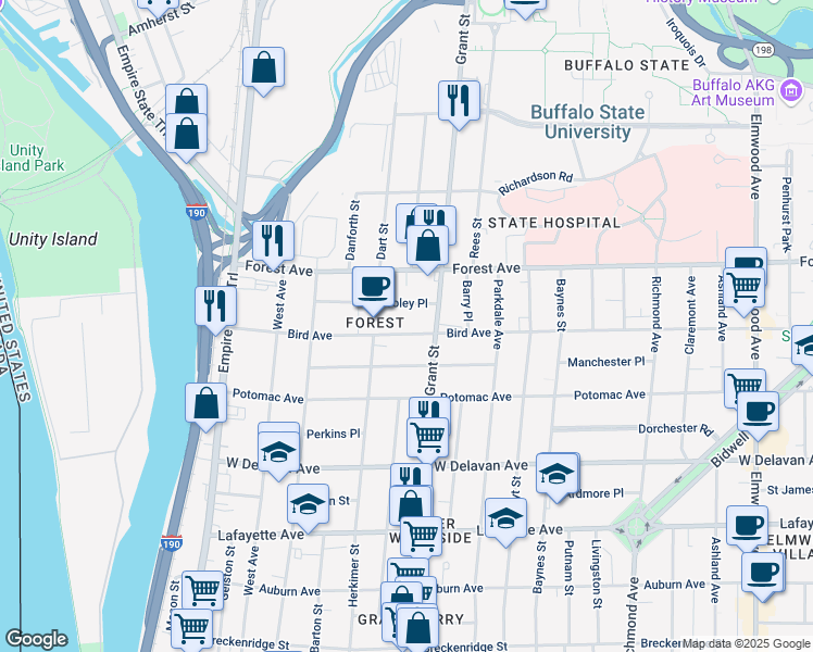 map of restaurants, bars, coffee shops, grocery stores, and more near 211 Bird Avenue in Buffalo