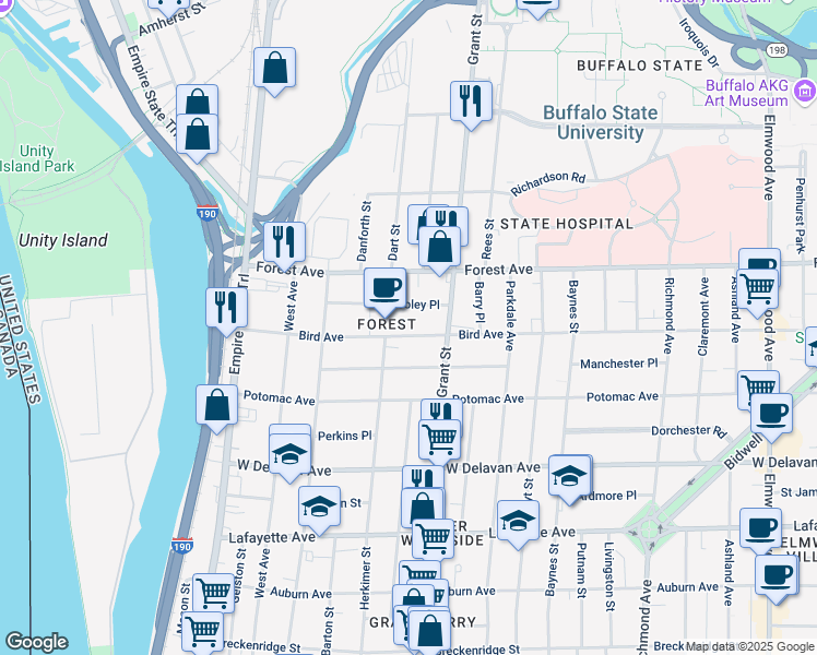 map of restaurants, bars, coffee shops, grocery stores, and more near 211 Bird Avenue in Buffalo